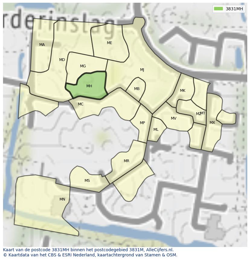 Afbeelding van het postcodegebied 3831 MH op de kaart.