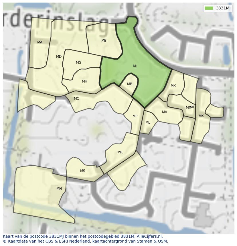 Afbeelding van het postcodegebied 3831 MJ op de kaart.