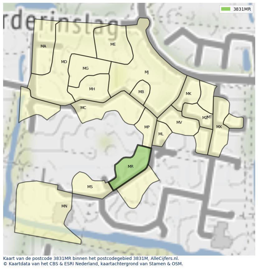 Afbeelding van het postcodegebied 3831 MR op de kaart.