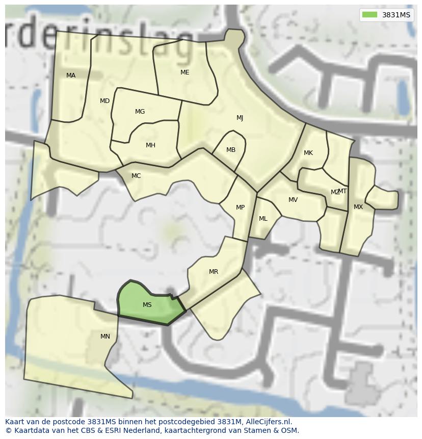 Afbeelding van het postcodegebied 3831 MS op de kaart.
