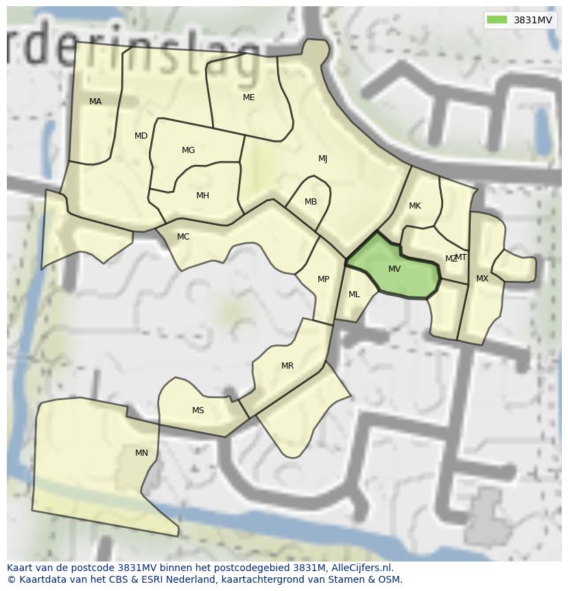 Afbeelding van het postcodegebied 3831 MV op de kaart.