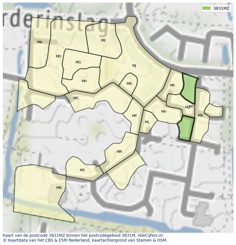Afbeelding van het postcodegebied 3831 MZ op de kaart.