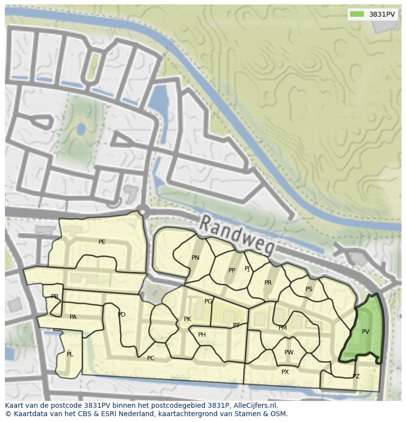 Afbeelding van het postcodegebied 3831 PV op de kaart.