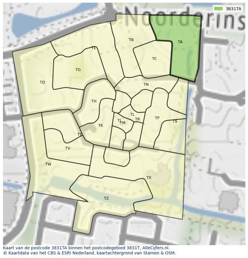 Afbeelding van het postcodegebied 3831 TA op de kaart.