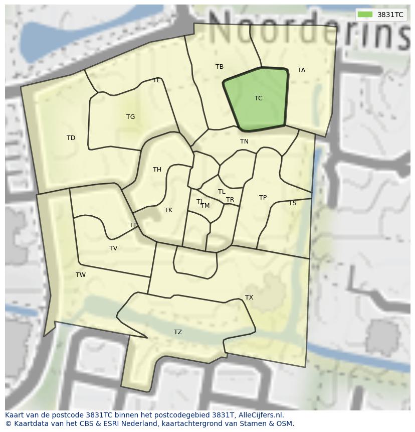Afbeelding van het postcodegebied 3831 TC op de kaart.