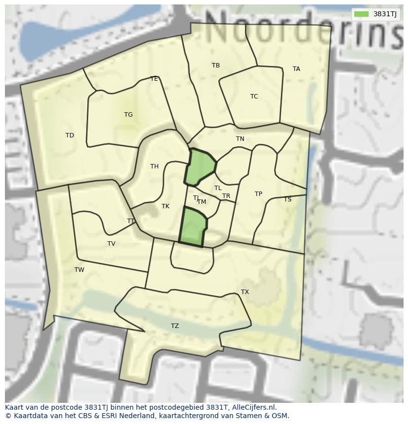 Afbeelding van het postcodegebied 3831 TJ op de kaart.