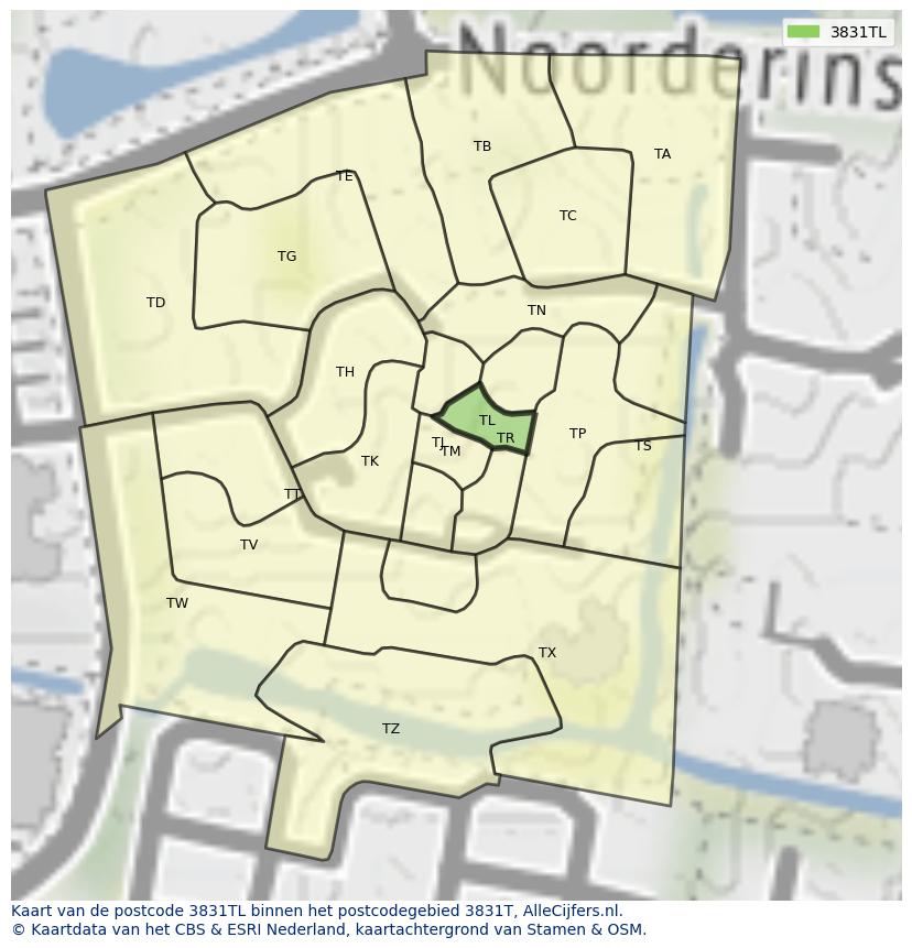 Afbeelding van het postcodegebied 3831 TL op de kaart.