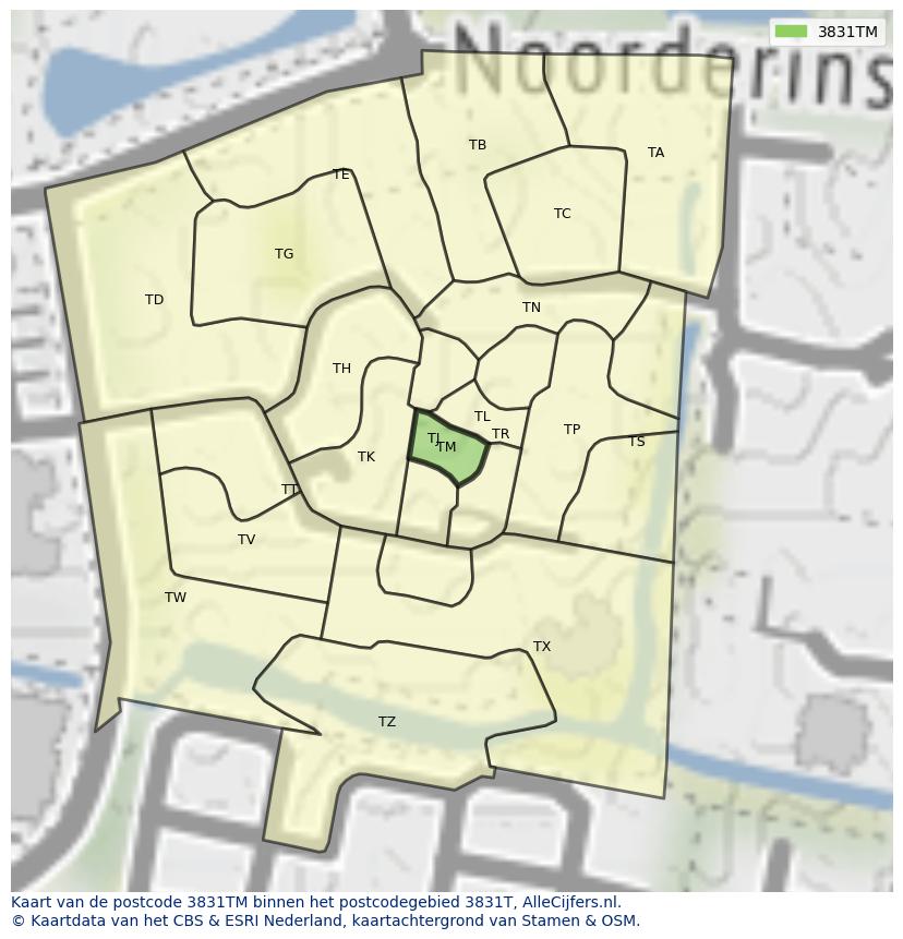 Afbeelding van het postcodegebied 3831 TM op de kaart.
