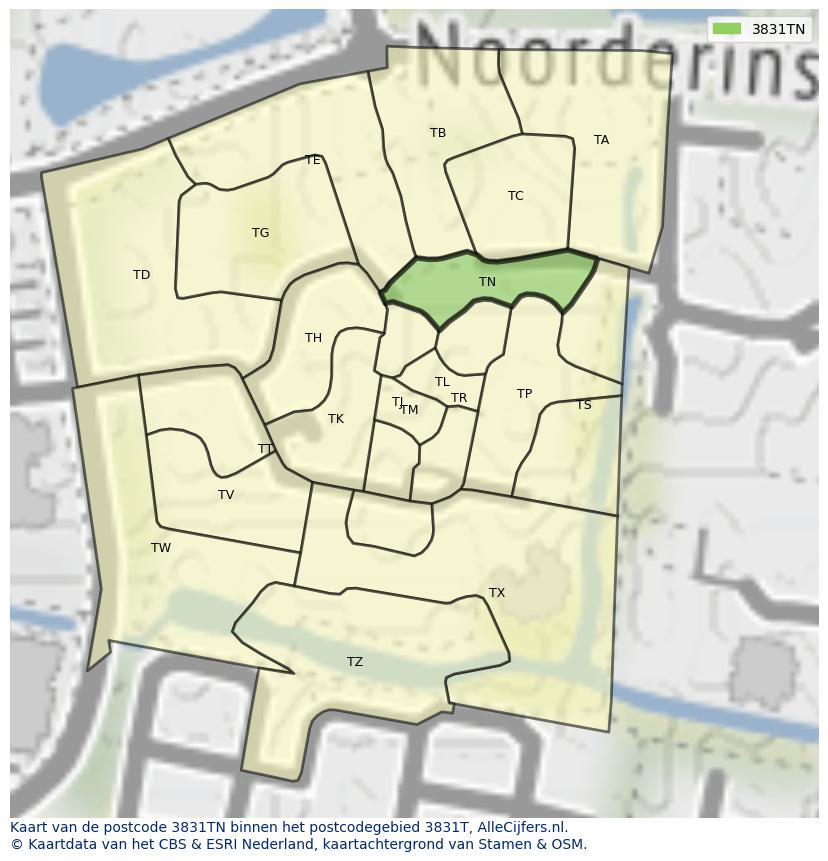 Afbeelding van het postcodegebied 3831 TN op de kaart.