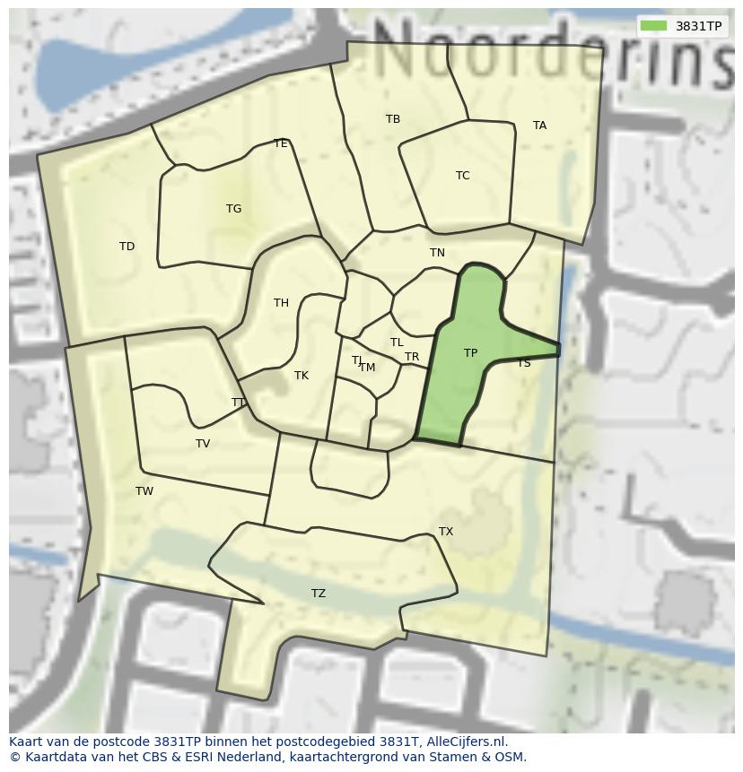 Afbeelding van het postcodegebied 3831 TP op de kaart.