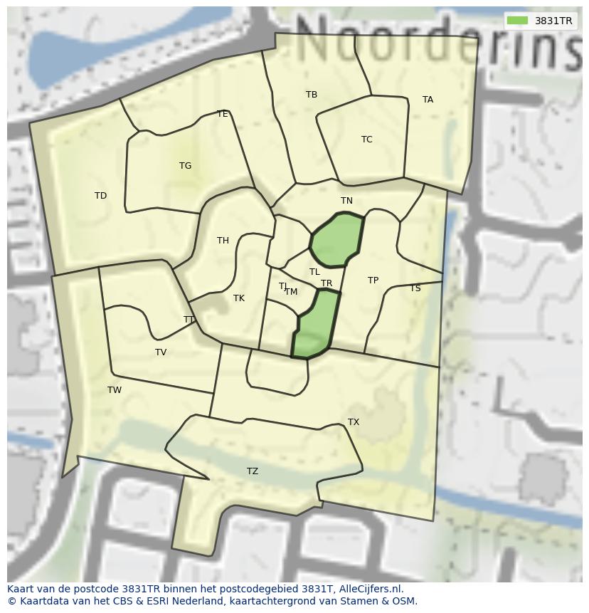 Afbeelding van het postcodegebied 3831 TR op de kaart.