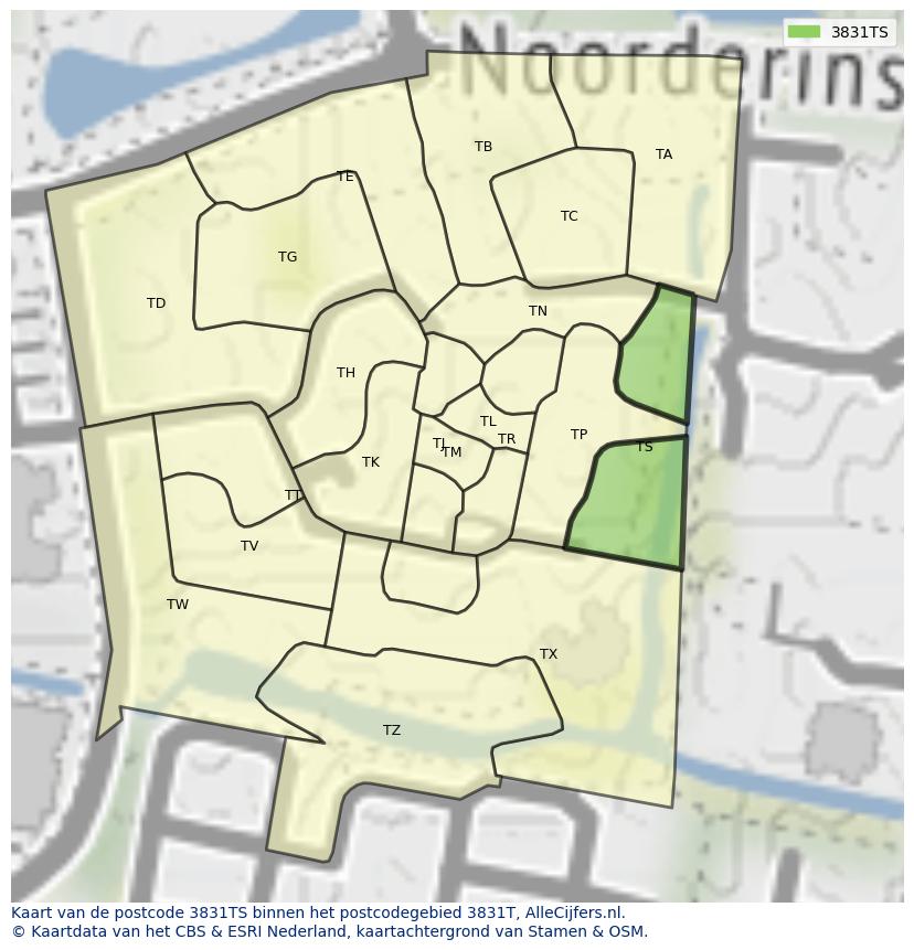 Afbeelding van het postcodegebied 3831 TS op de kaart.