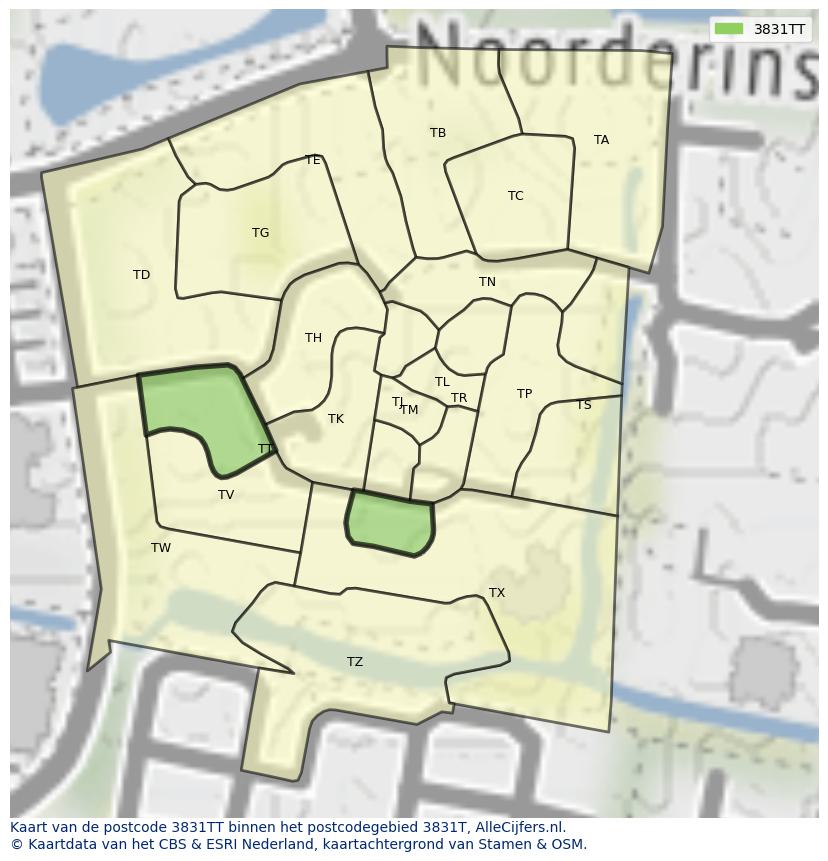 Afbeelding van het postcodegebied 3831 TT op de kaart.