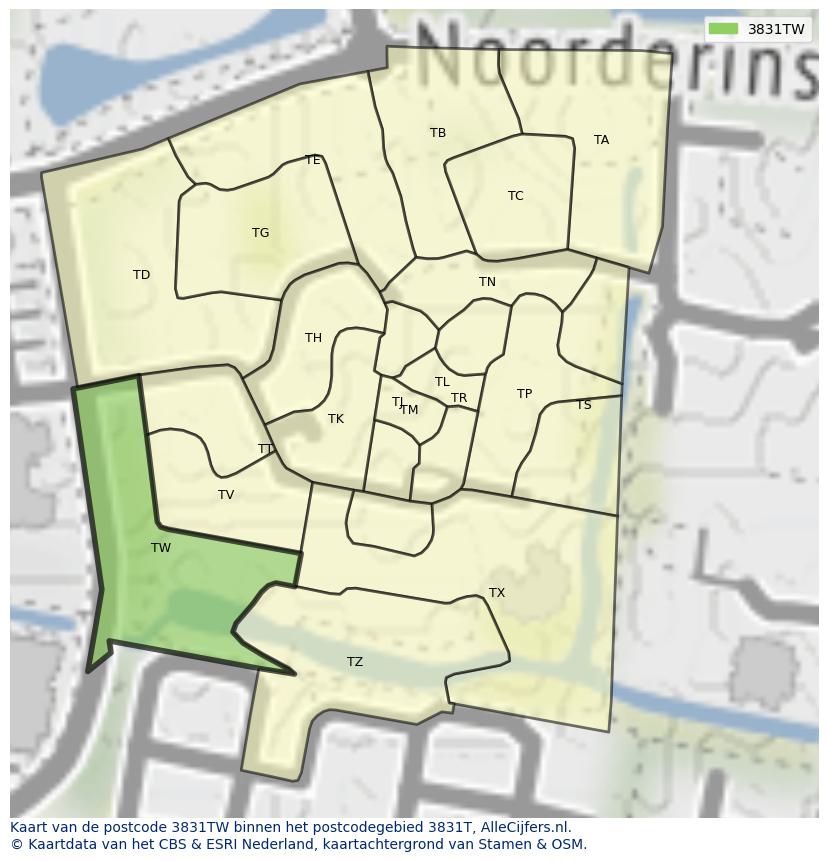 Afbeelding van het postcodegebied 3831 TW op de kaart.