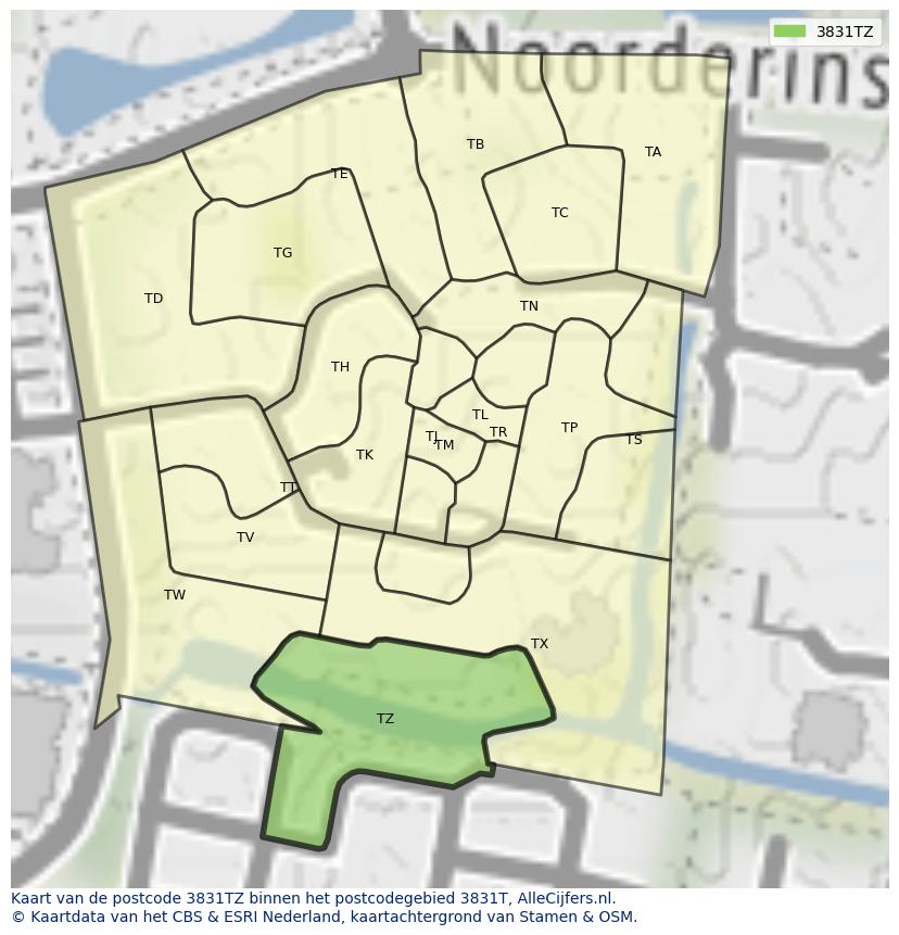 Afbeelding van het postcodegebied 3831 TZ op de kaart.