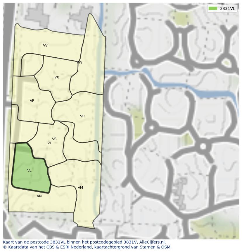 Afbeelding van het postcodegebied 3831 VL op de kaart.