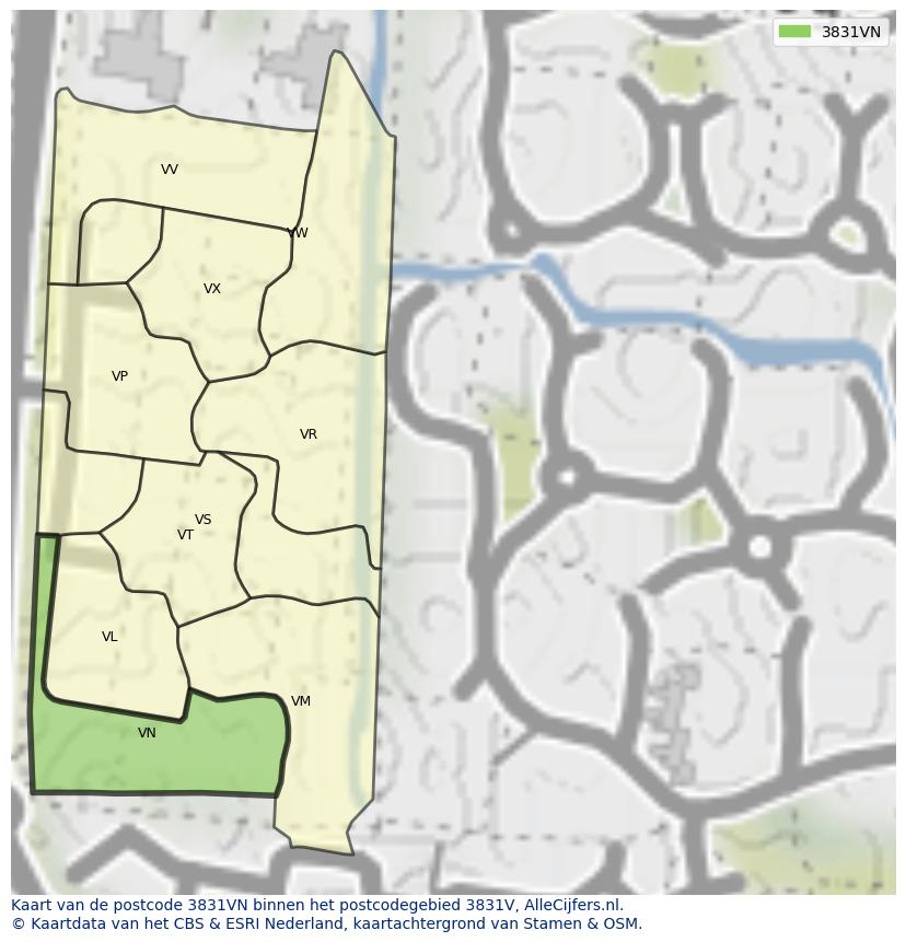 Afbeelding van het postcodegebied 3831 VN op de kaart.