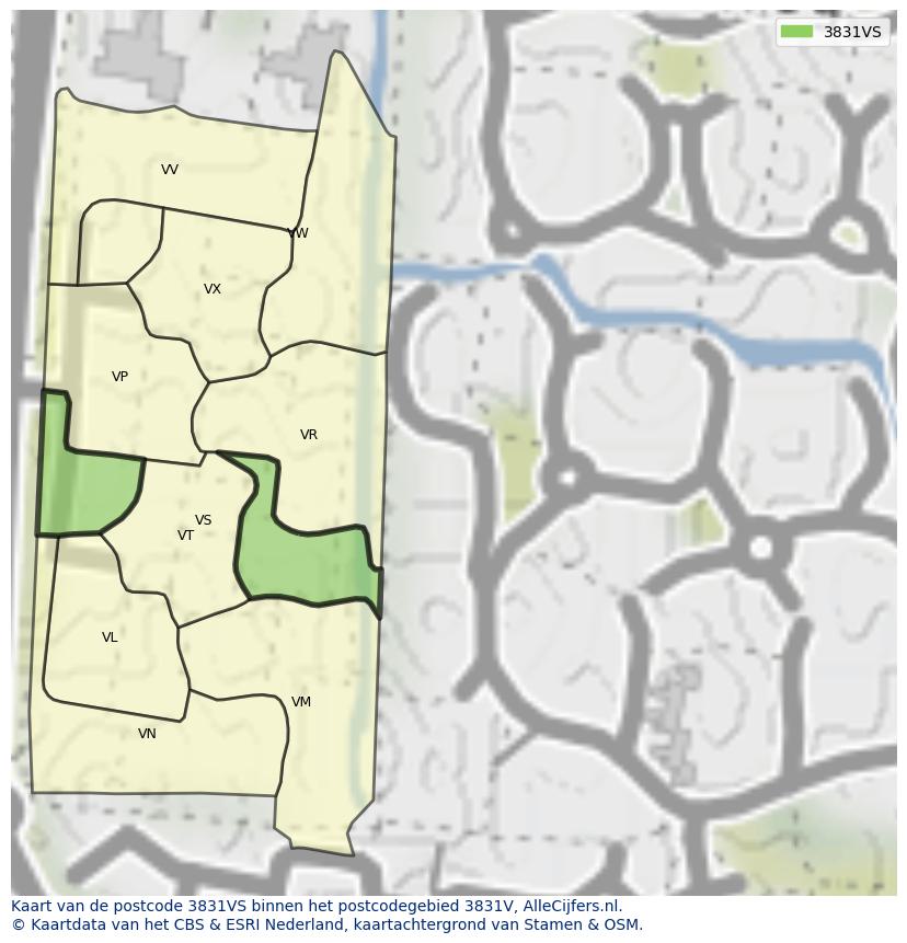 Afbeelding van het postcodegebied 3831 VS op de kaart.