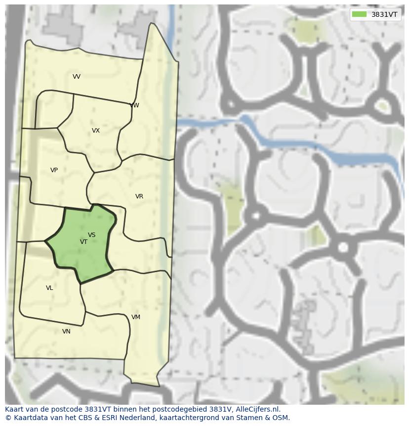 Afbeelding van het postcodegebied 3831 VT op de kaart.