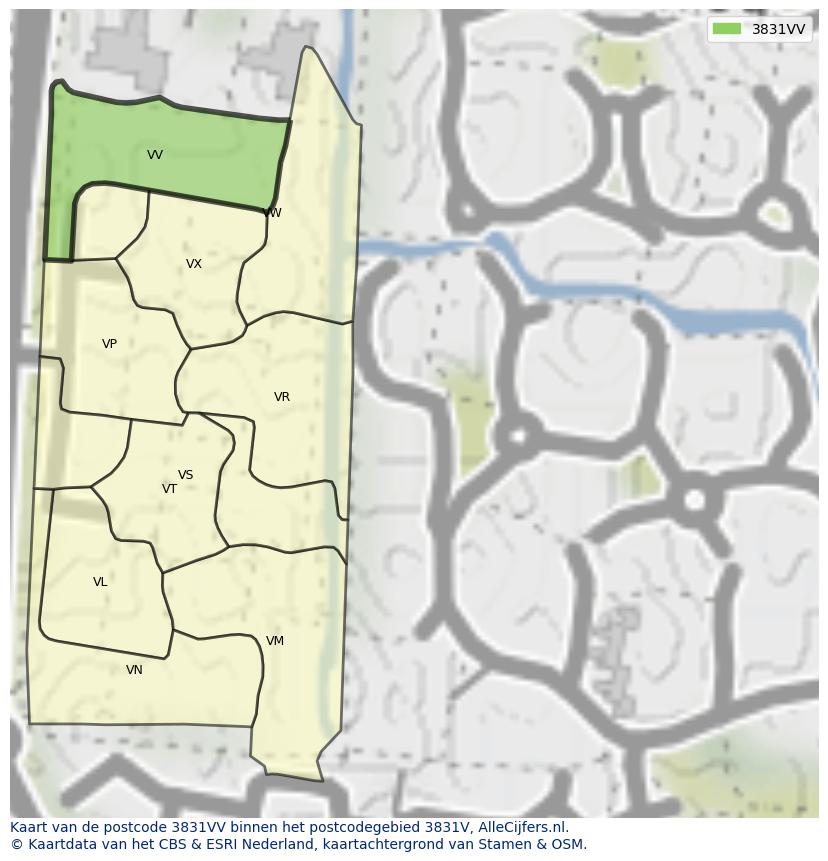 Afbeelding van het postcodegebied 3831 VV op de kaart.
