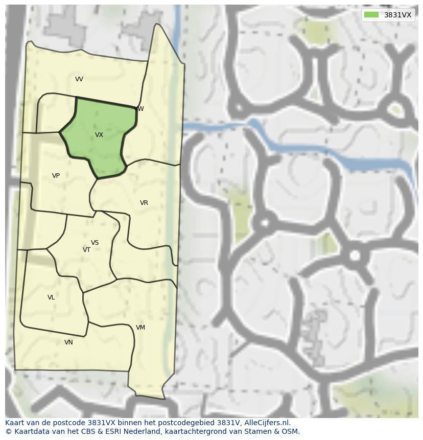 Afbeelding van het postcodegebied 3831 VX op de kaart.