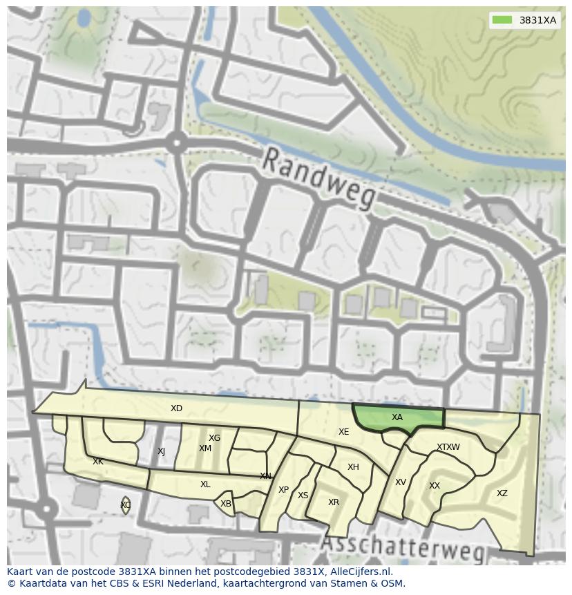 Afbeelding van het postcodegebied 3831 XA op de kaart.