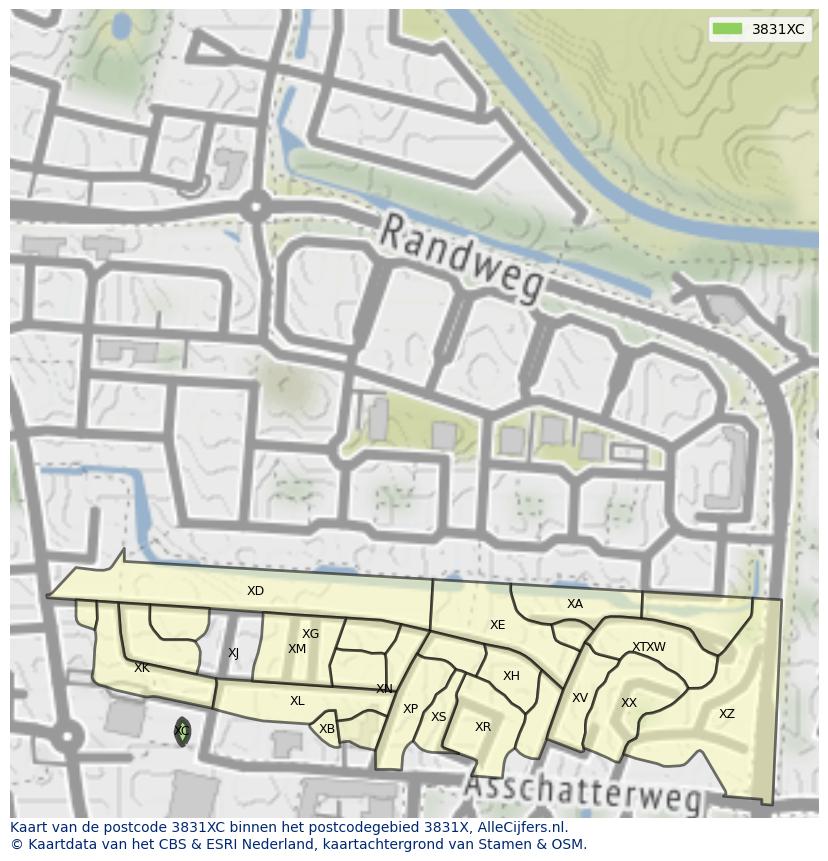 Afbeelding van het postcodegebied 3831 XC op de kaart.