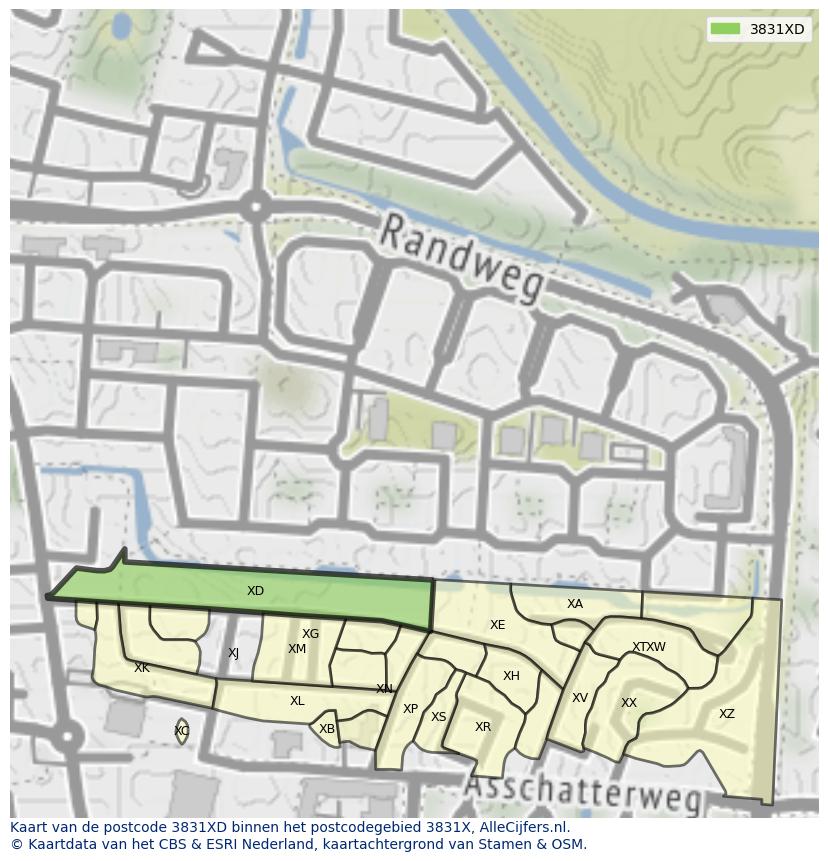 Afbeelding van het postcodegebied 3831 XD op de kaart.