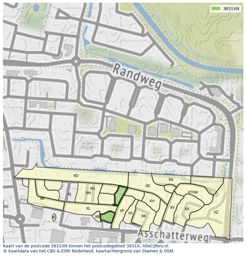 Afbeelding van het postcodegebied 3831 XN op de kaart.