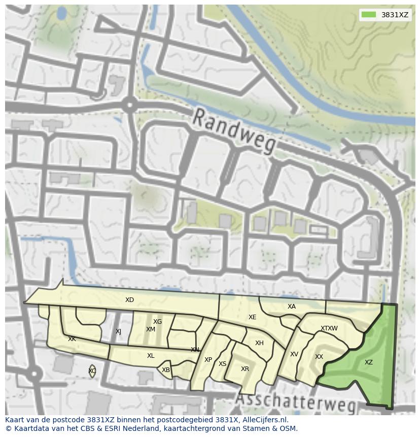 Afbeelding van het postcodegebied 3831 XZ op de kaart.