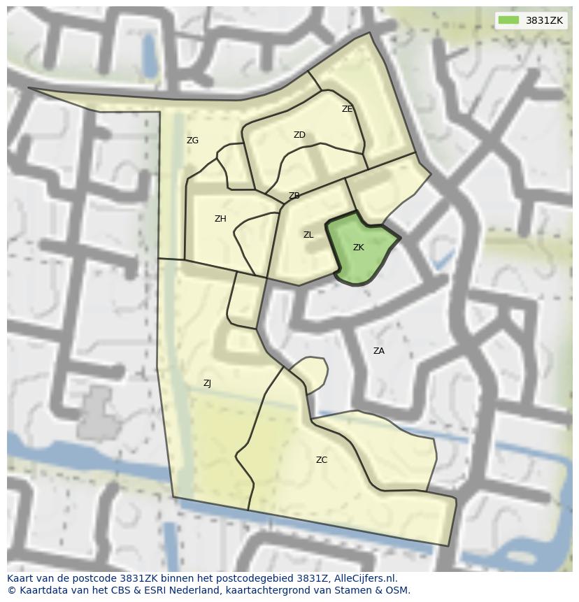 Afbeelding van het postcodegebied 3831 ZK op de kaart.