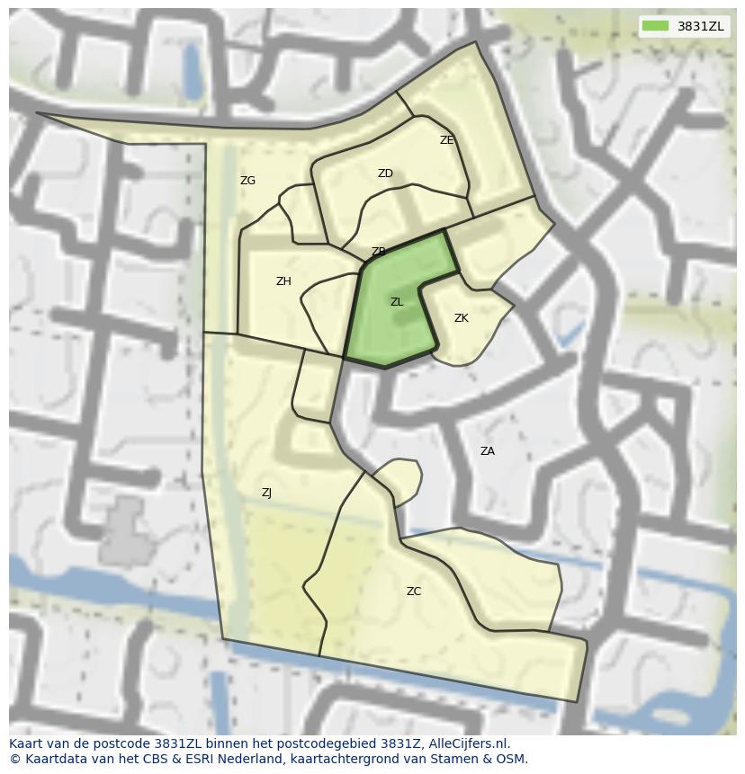 Afbeelding van het postcodegebied 3831 ZL op de kaart.