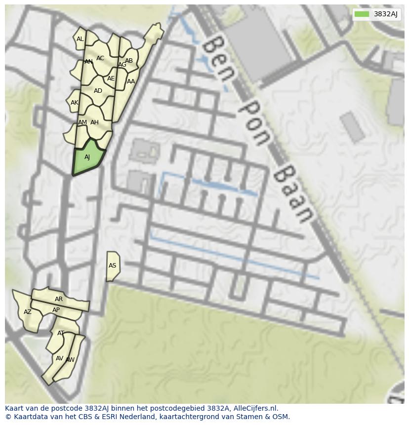 Afbeelding van het postcodegebied 3832 AJ op de kaart.