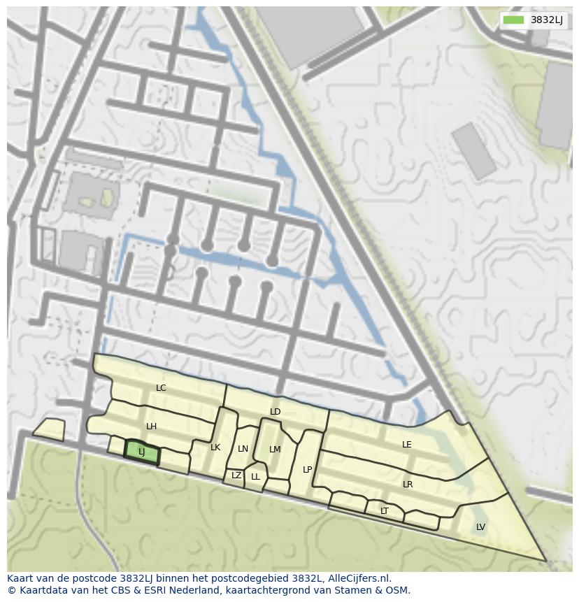Afbeelding van het postcodegebied 3832 LJ op de kaart.