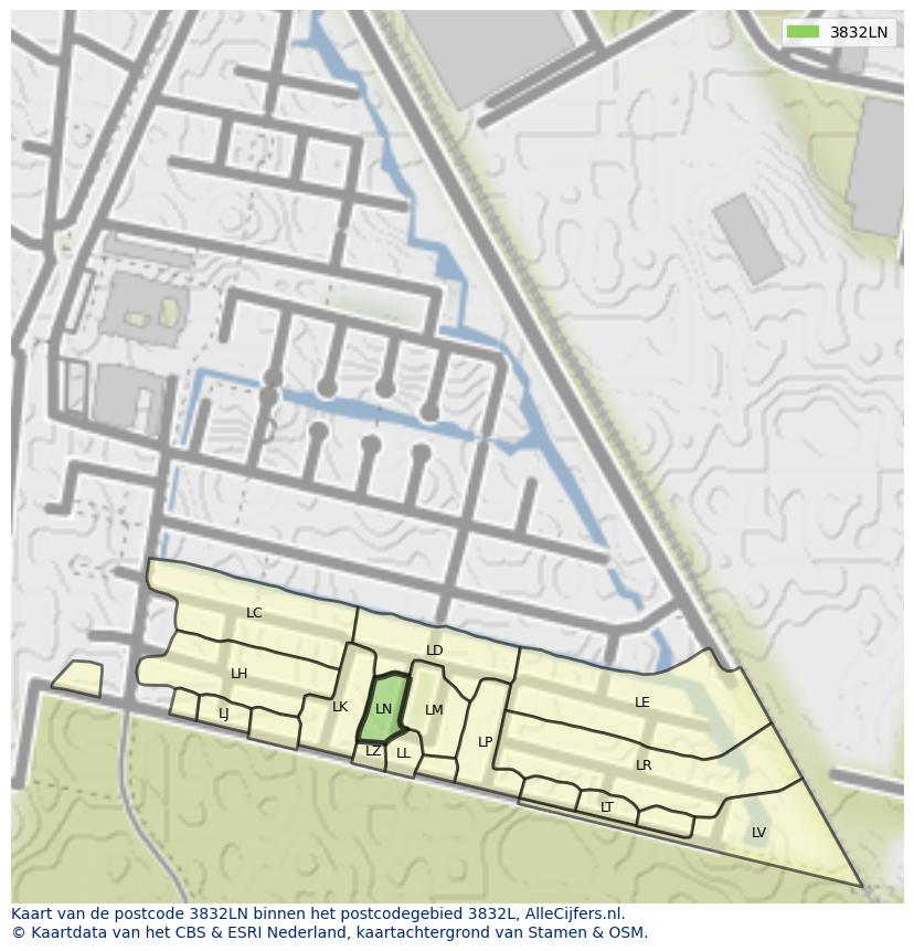 Afbeelding van het postcodegebied 3832 LN op de kaart.