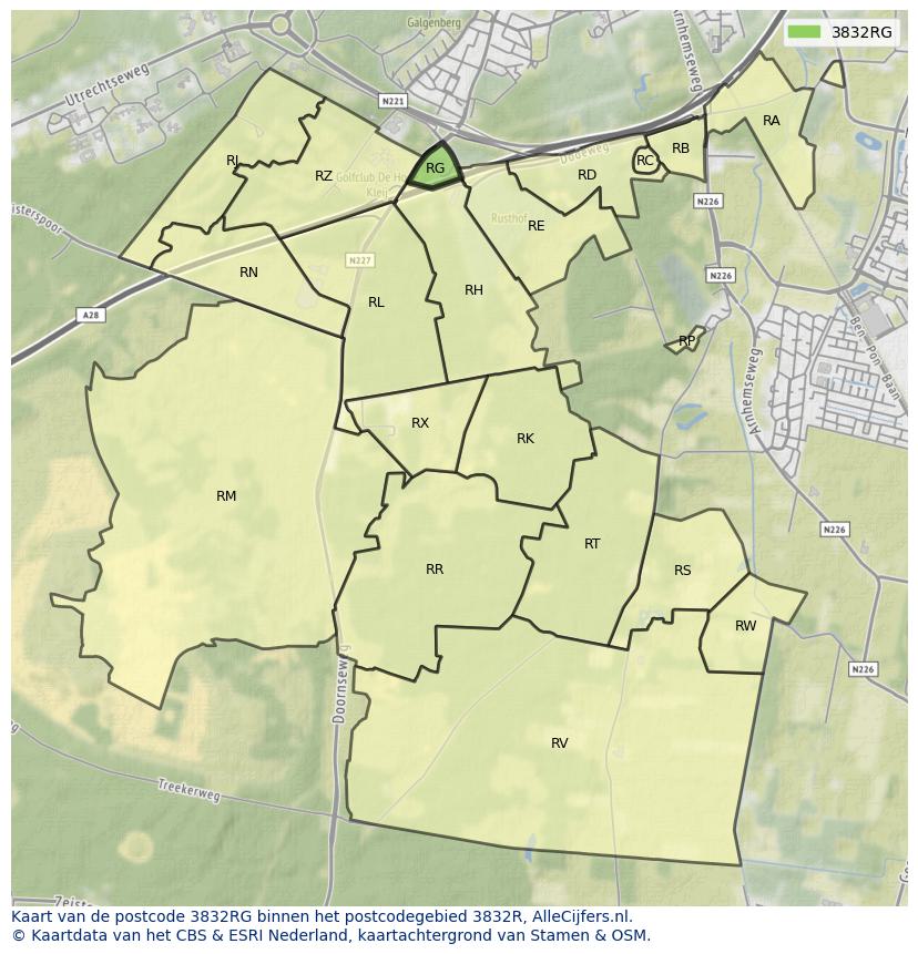 Afbeelding van het postcodegebied 3832 RG op de kaart.