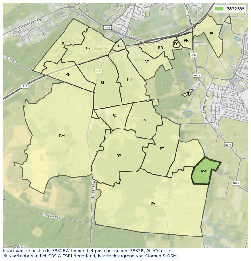 Afbeelding van het postcodegebied 3832 RW op de kaart.