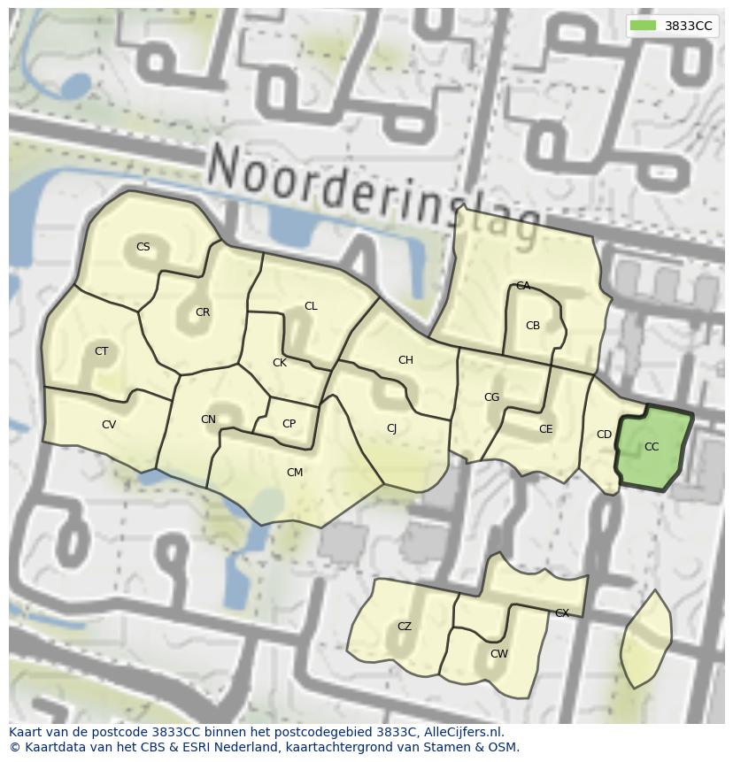 Afbeelding van het postcodegebied 3833 CC op de kaart.