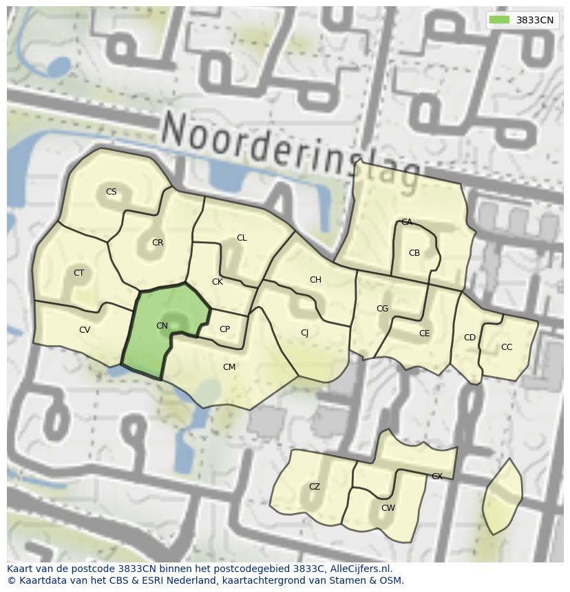 Afbeelding van het postcodegebied 3833 CN op de kaart.