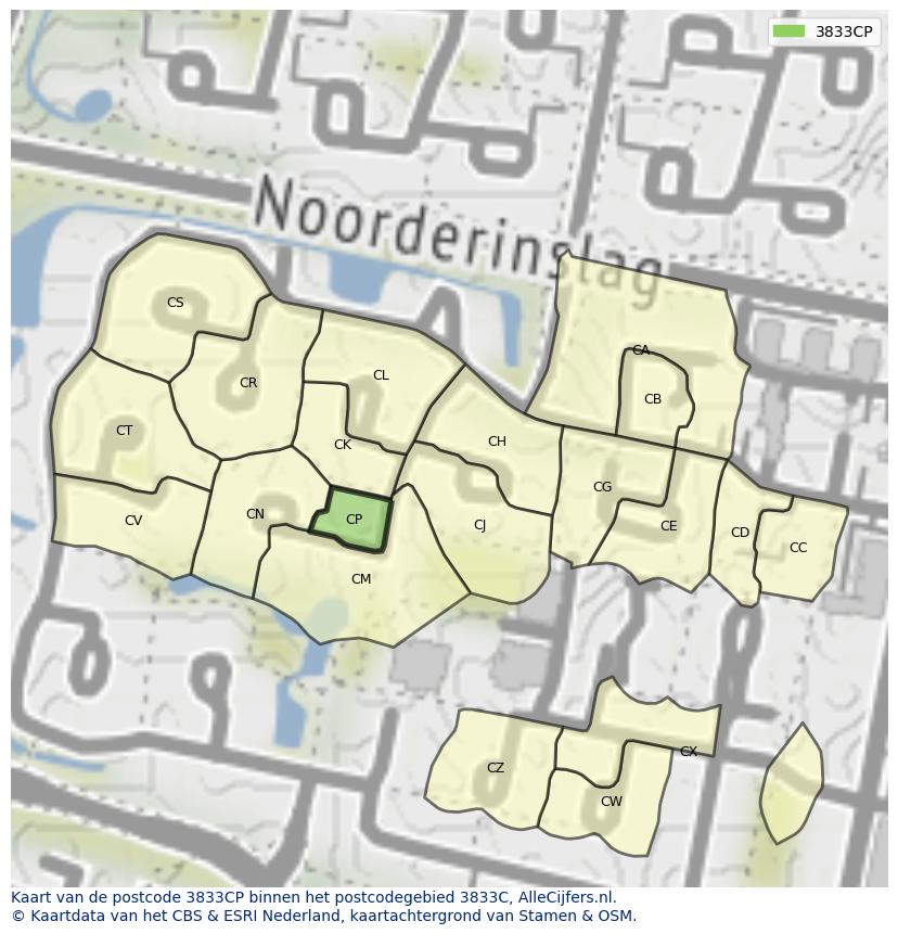 Afbeelding van het postcodegebied 3833 CP op de kaart.