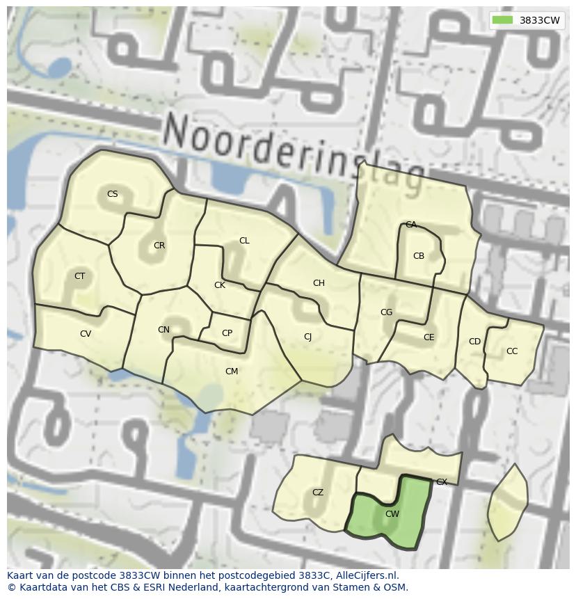 Afbeelding van het postcodegebied 3833 CW op de kaart.