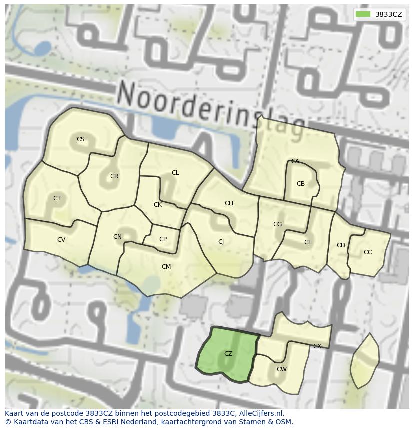 Afbeelding van het postcodegebied 3833 CZ op de kaart.