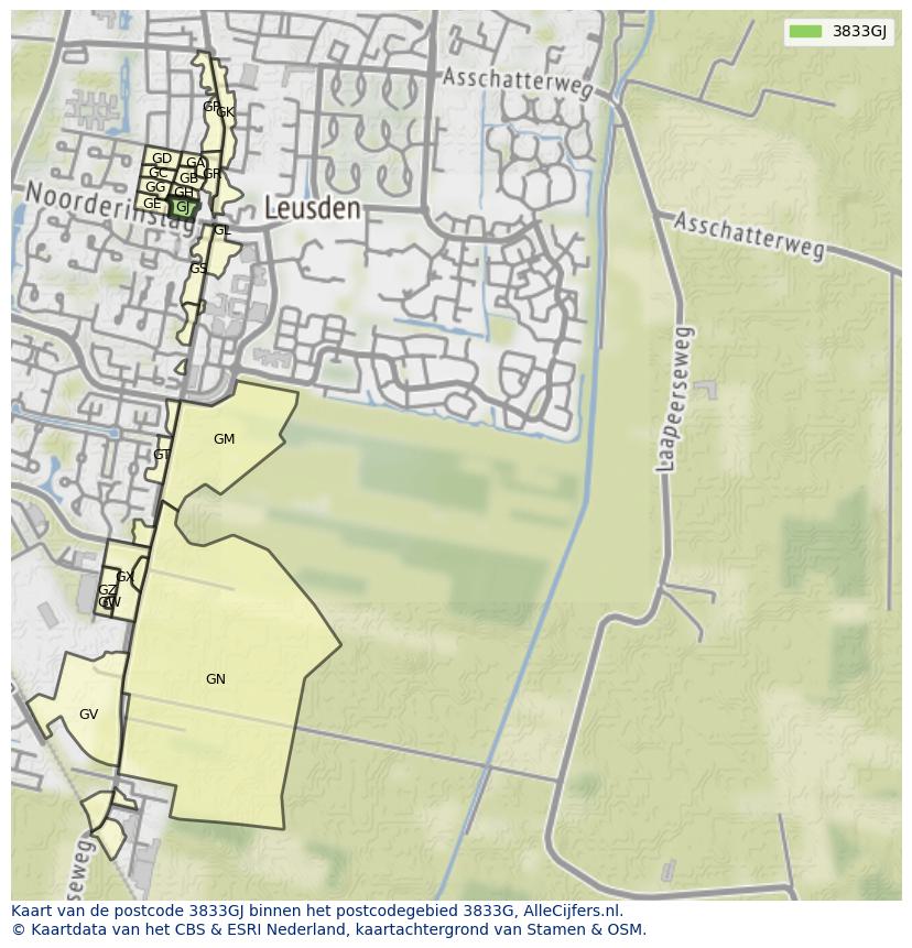 Afbeelding van het postcodegebied 3833 GJ op de kaart.