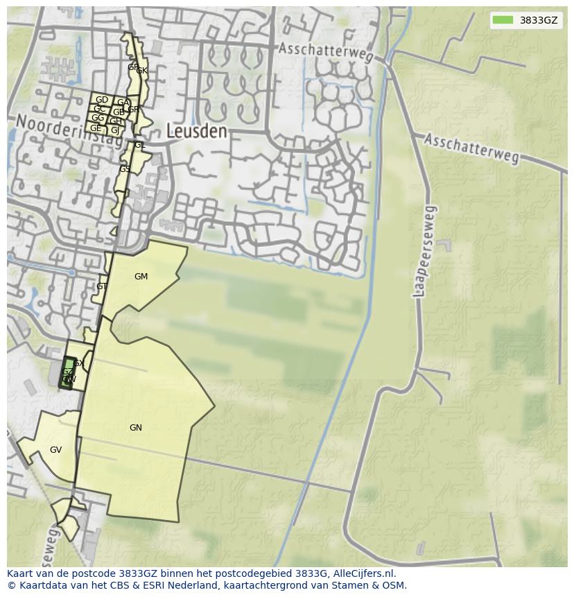 Afbeelding van het postcodegebied 3833 GZ op de kaart.
