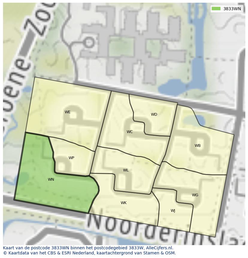 Afbeelding van het postcodegebied 3833 WN op de kaart.