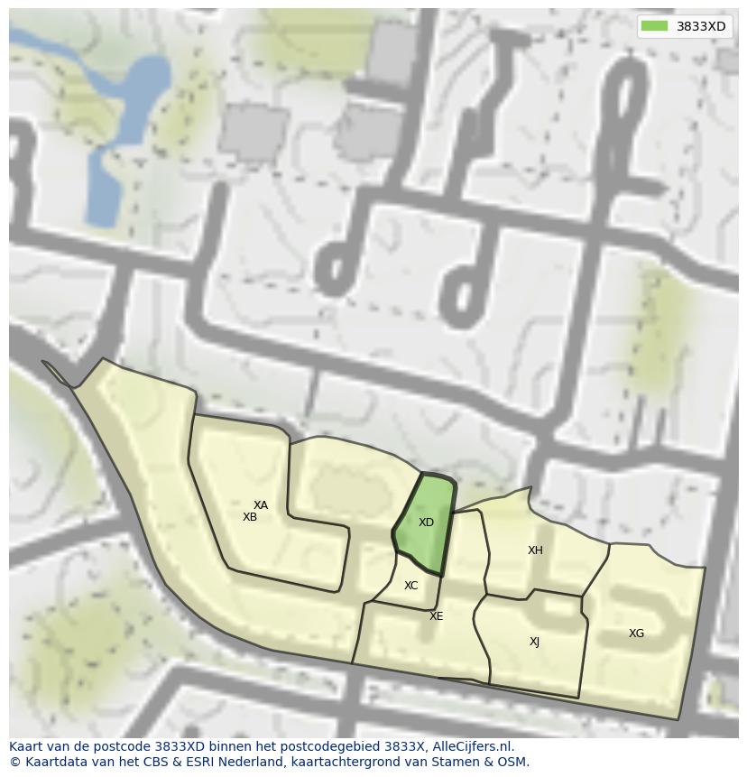 Afbeelding van het postcodegebied 3833 XD op de kaart.