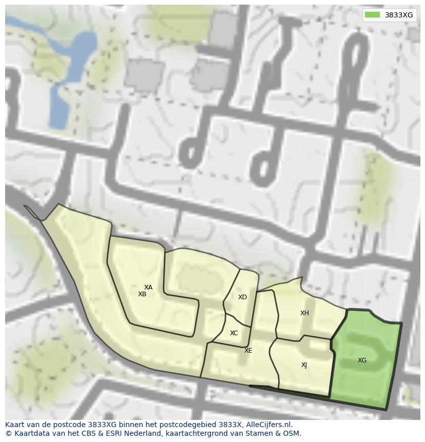 Afbeelding van het postcodegebied 3833 XG op de kaart.