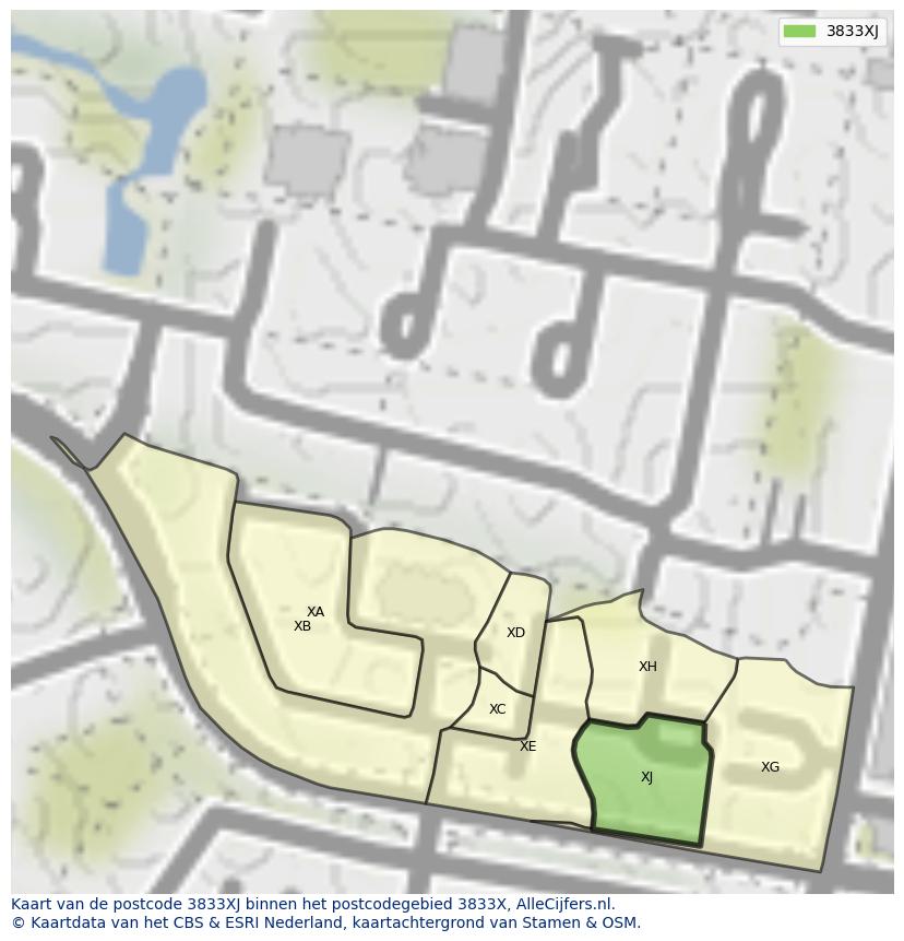 Afbeelding van het postcodegebied 3833 XJ op de kaart.