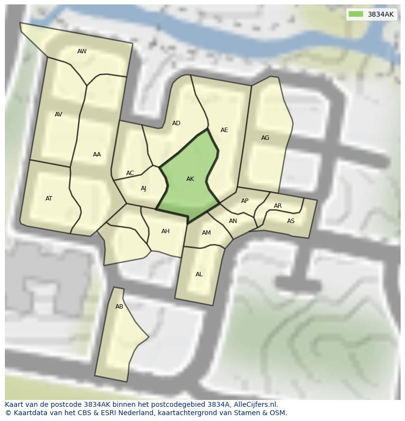 Afbeelding van het postcodegebied 3834 AK op de kaart.