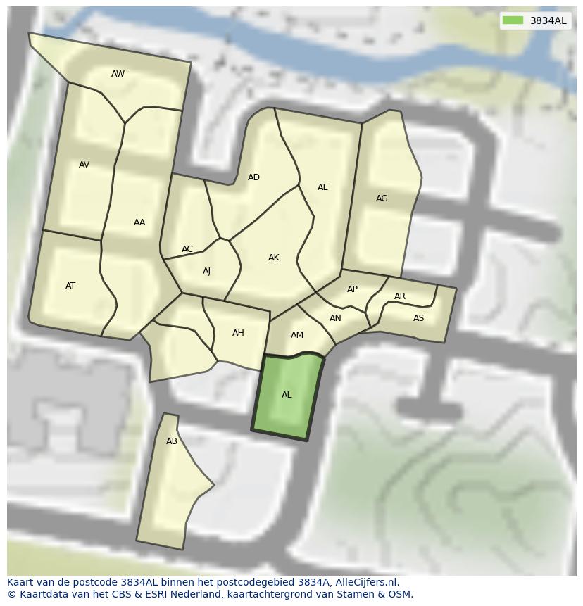 Afbeelding van het postcodegebied 3834 AL op de kaart.